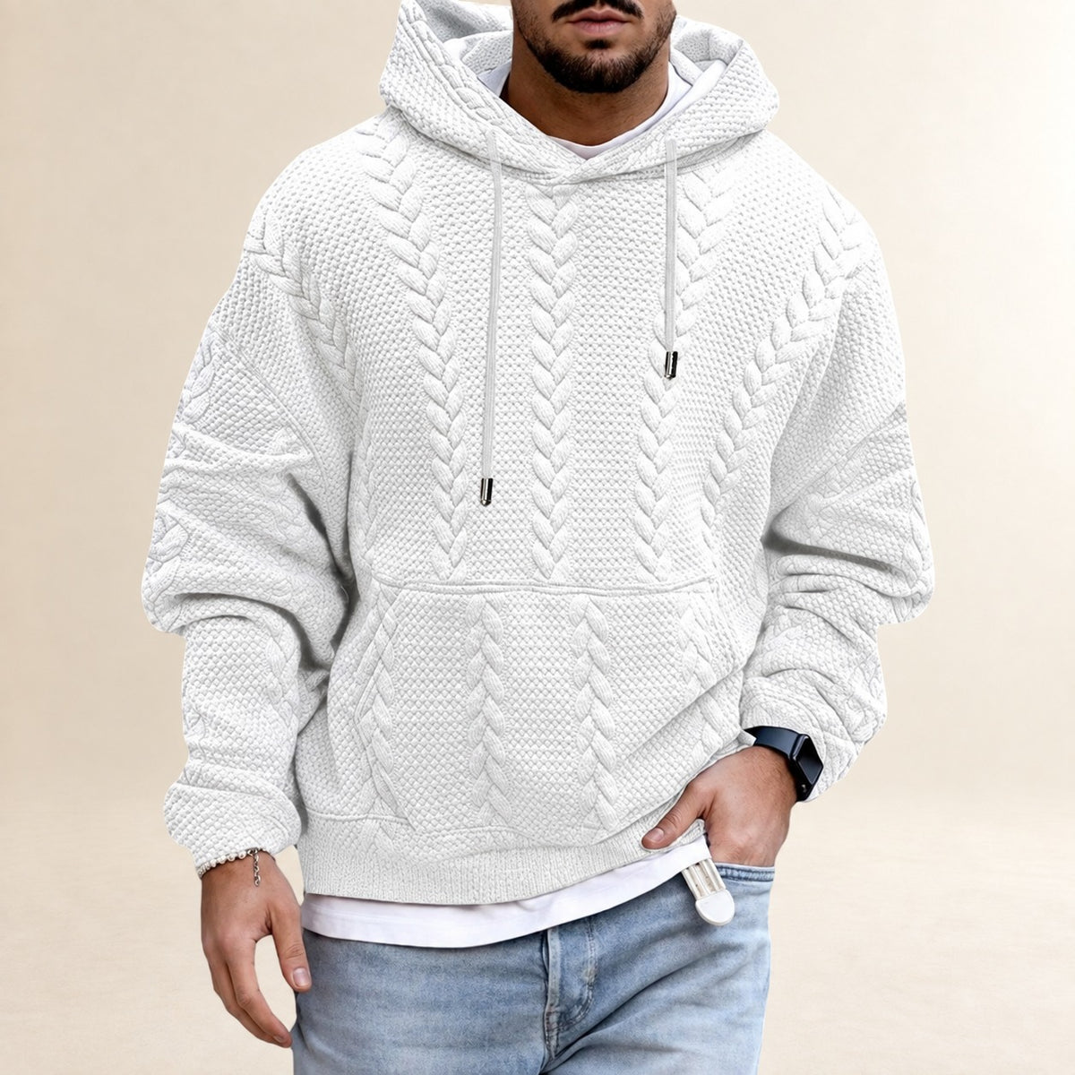 Herren Hoodie - Strukturmuster mit Kängurutasche, Lockere Passform