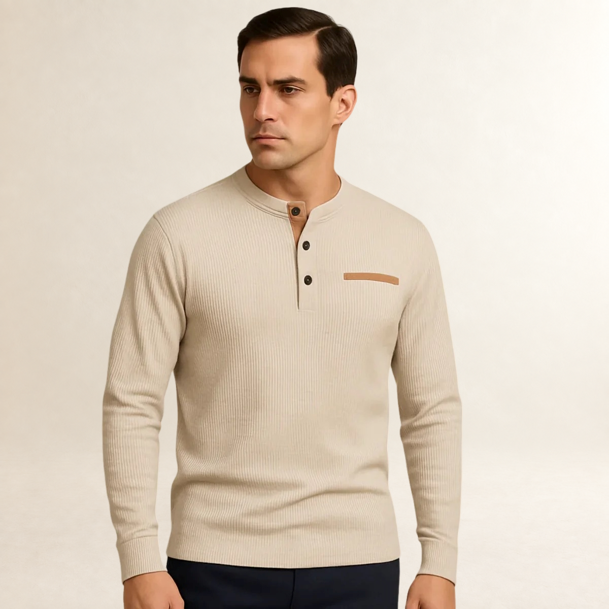 Herren Langarm-Henley-Shirt mit geripptem Muster, Knopfleiste und tailliertem Schnitt