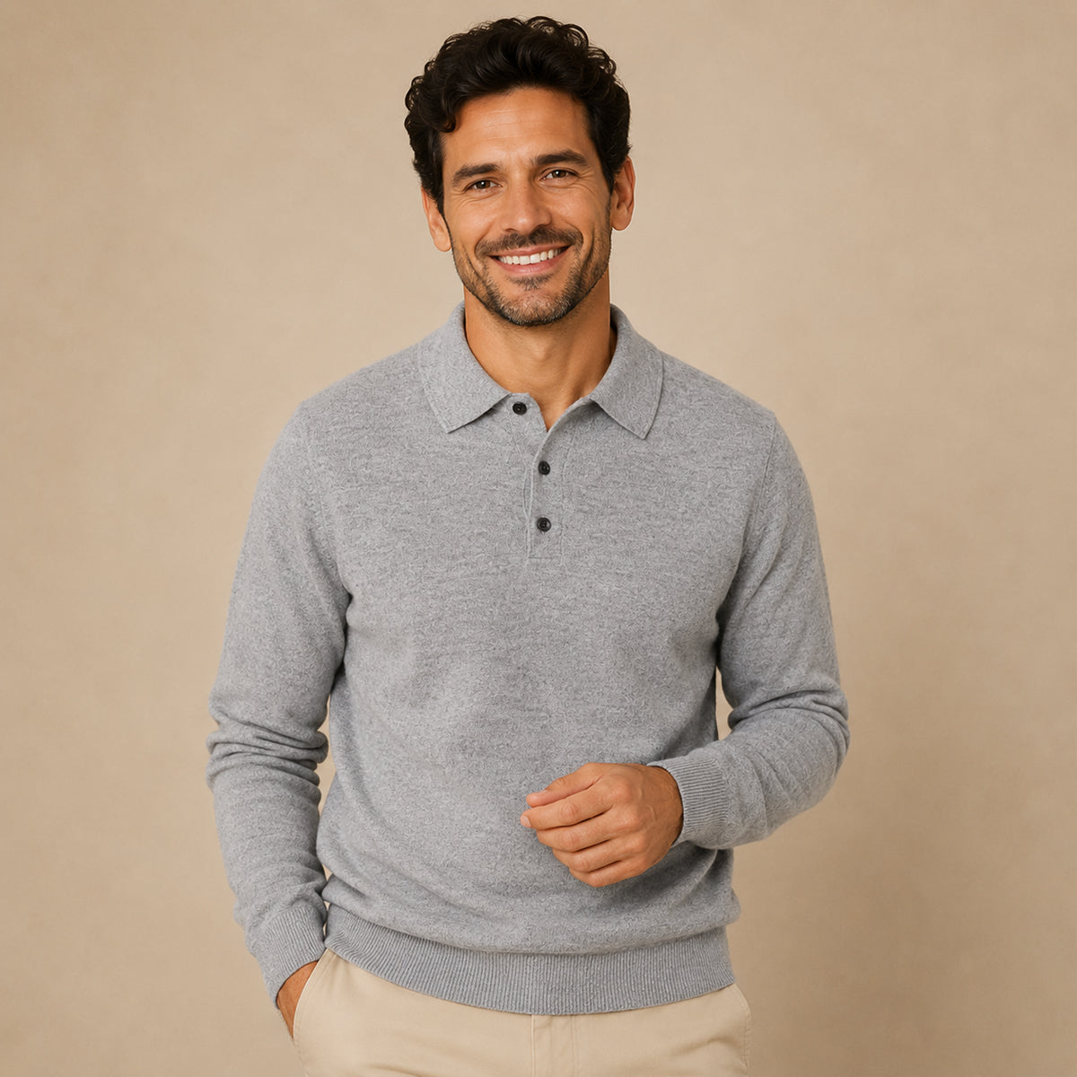 Herren Polo Pullover - Klassischer Kragen, Langarm, Slim Fit