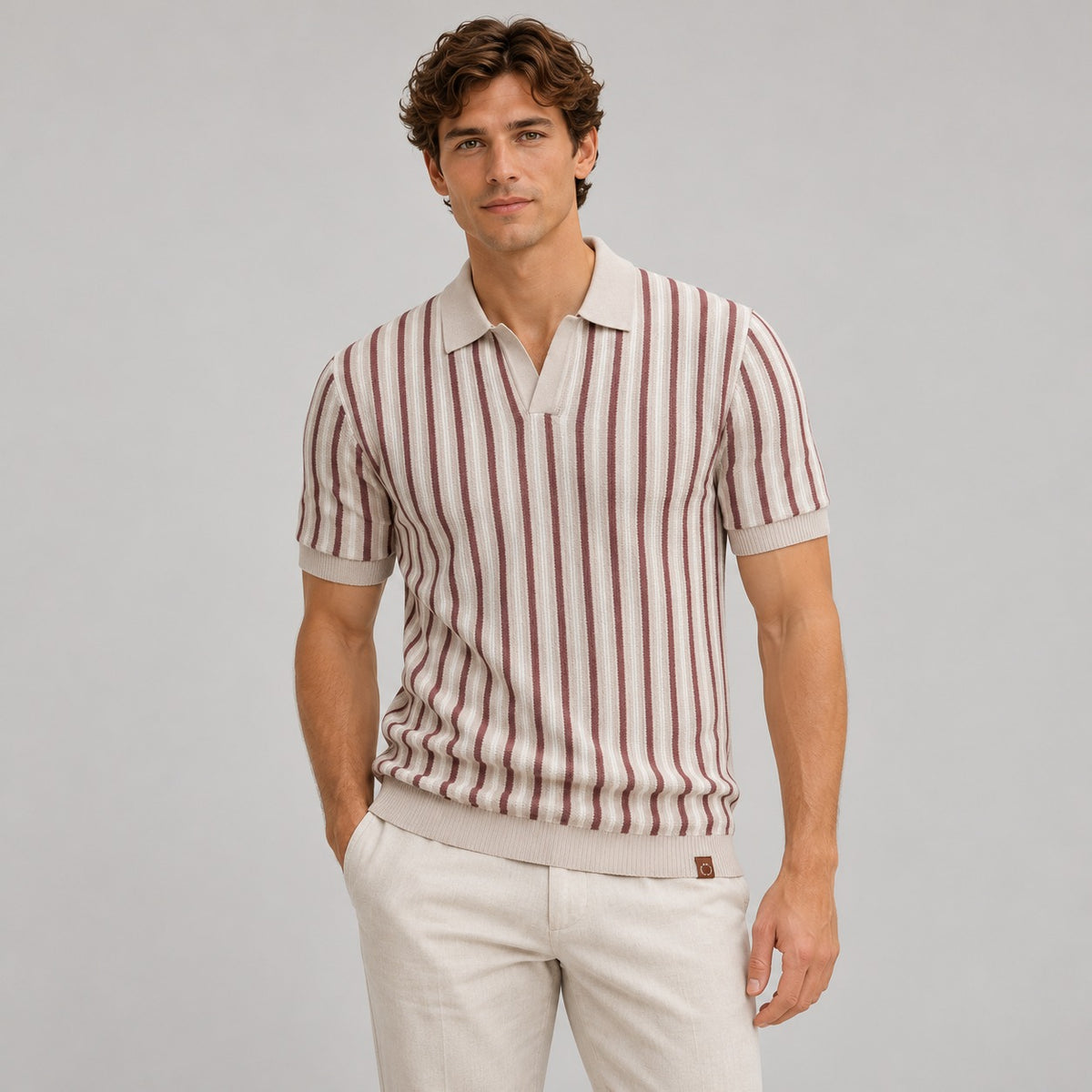 Herren Poloshirt Kurzarm V-Ausschnitt Streifenmuster
