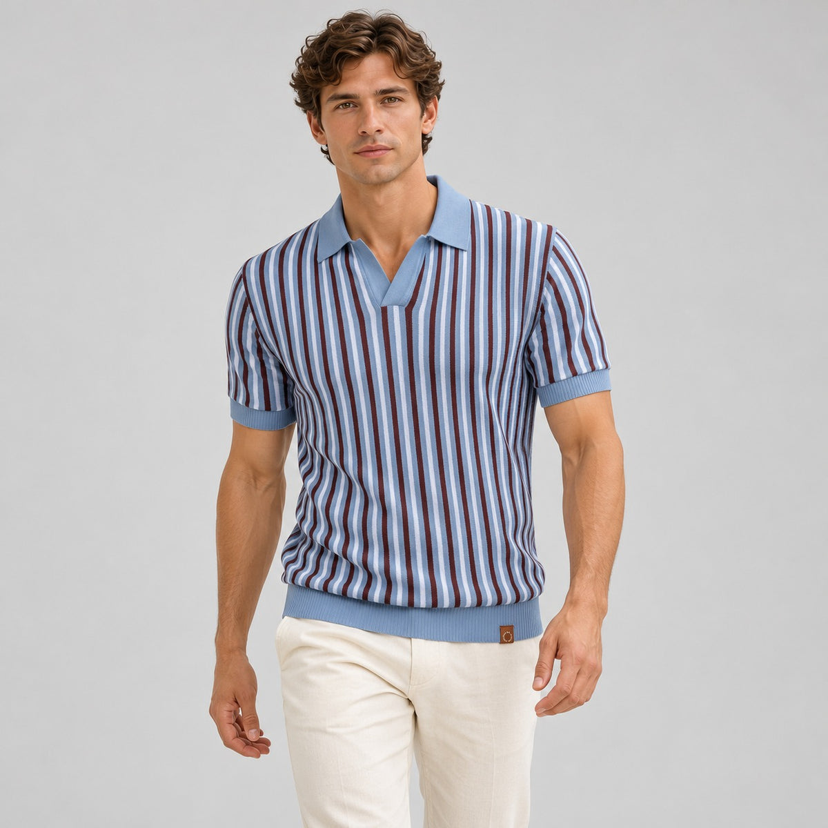 Herren Poloshirt Kurzarm V-Ausschnitt Streifenmuster