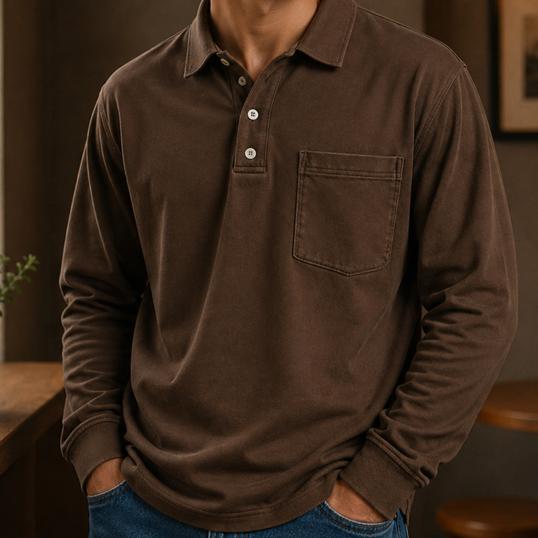 Herren Poloshirt Langarm mit Knopfleiste und Brusttasche - Regulärer Schnitt