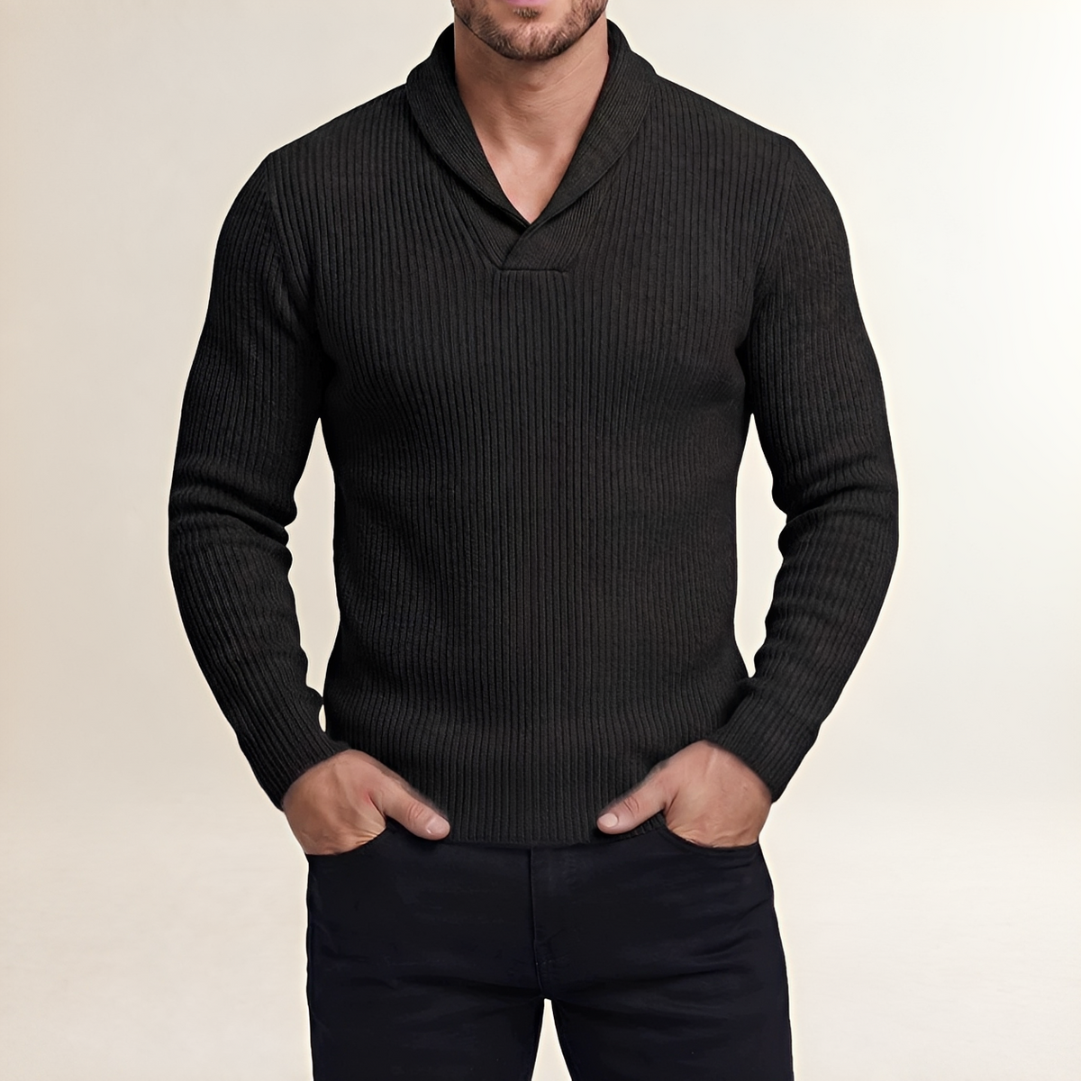 Herren Pullover mit Schalkragen, Rippenmuster und schmaler Passform