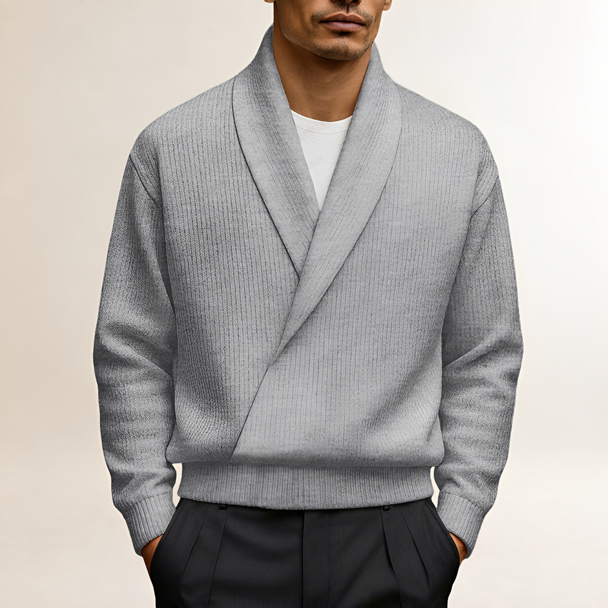 Herren Pullover mit Schalkragen, Wickeldesign und langärmlig