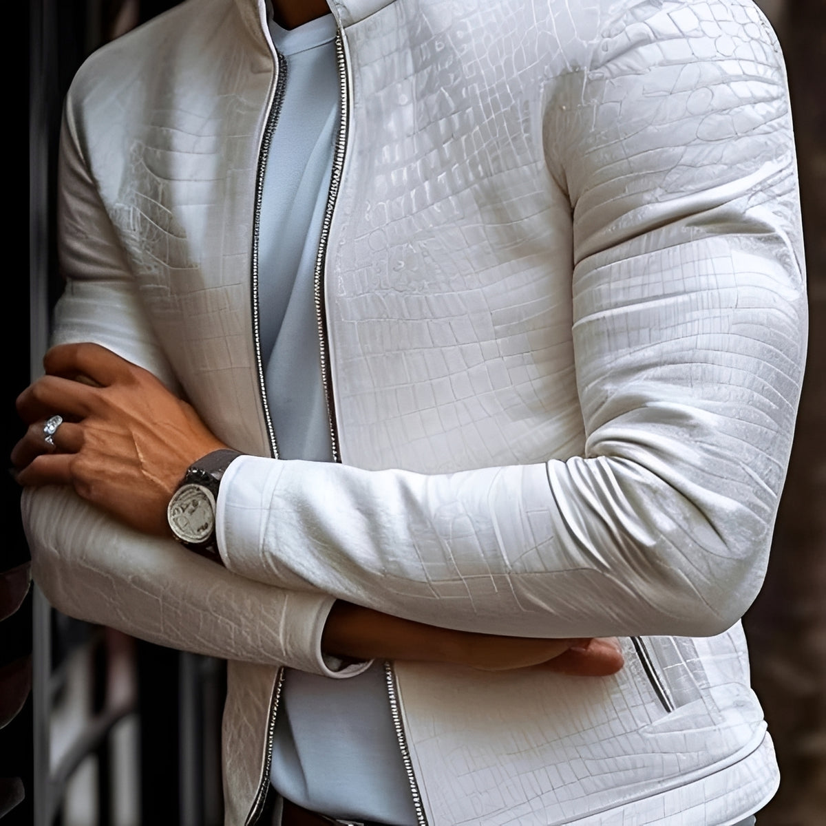 Herren Slim Fit Stehkragen Jacke mit strukturierter Oberfläche und Reißverschluss