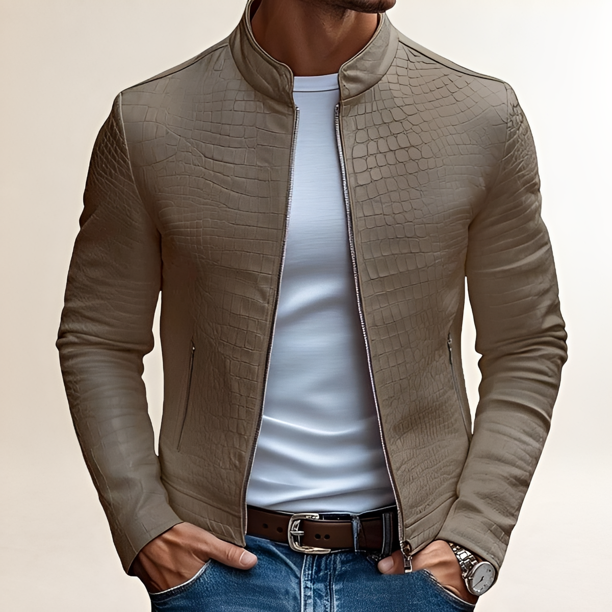 Herren Slim Fit Stehkragen Jacke mit strukturierter Oberfläche und Reißverschluss