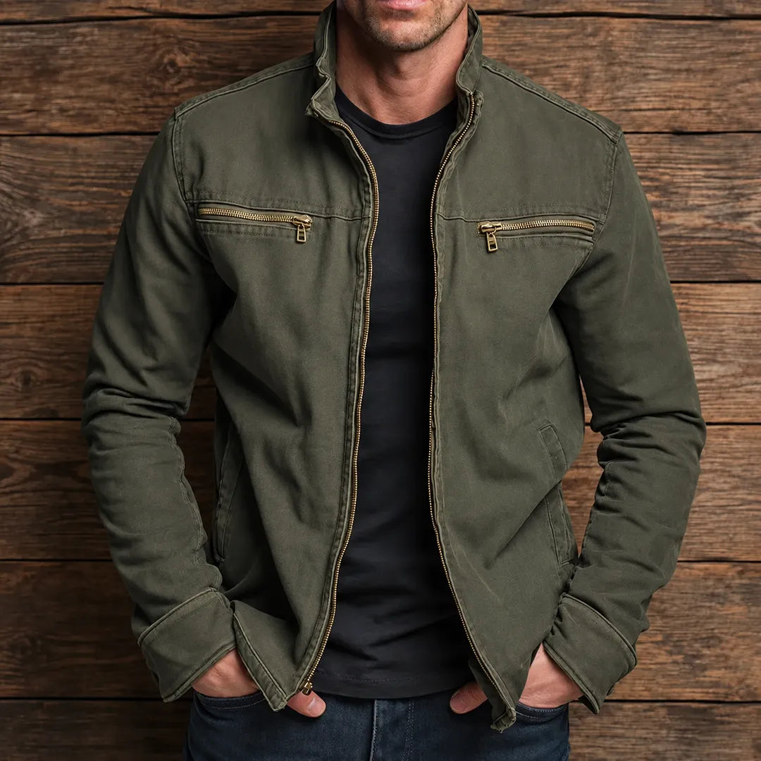 Herren Stehkragenjacke - Reißverschluss, Zwei Brusttaschen, Reguläre Passform
