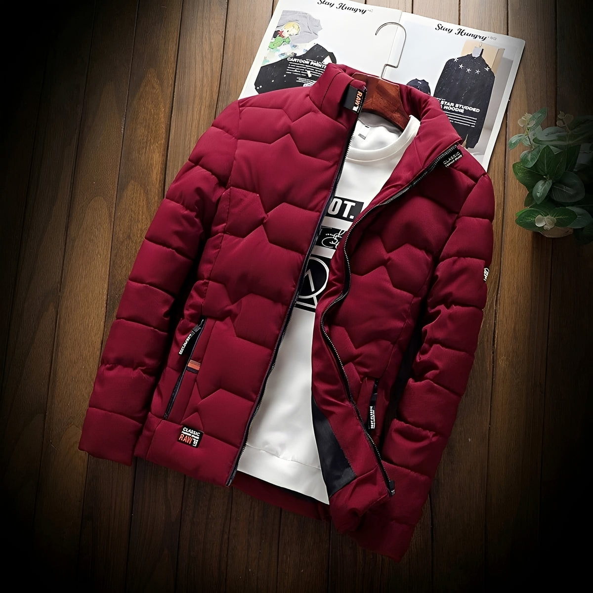 Herren Steppjacke mit geometrischer Steppung, Reißverschlusstaschen und Stehkragen