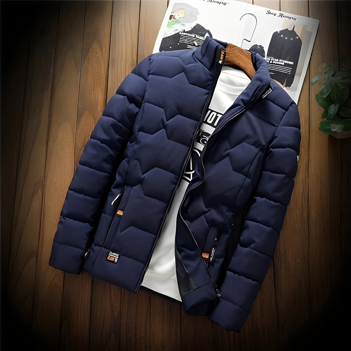 Herren Steppjacke mit geometrischer Steppung, Reißverschlusstaschen und Stehkragen