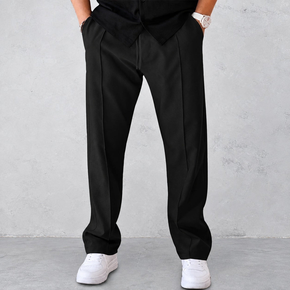 Herren Stoffhose mit Falten, elastischem Bund und Seitentaschen