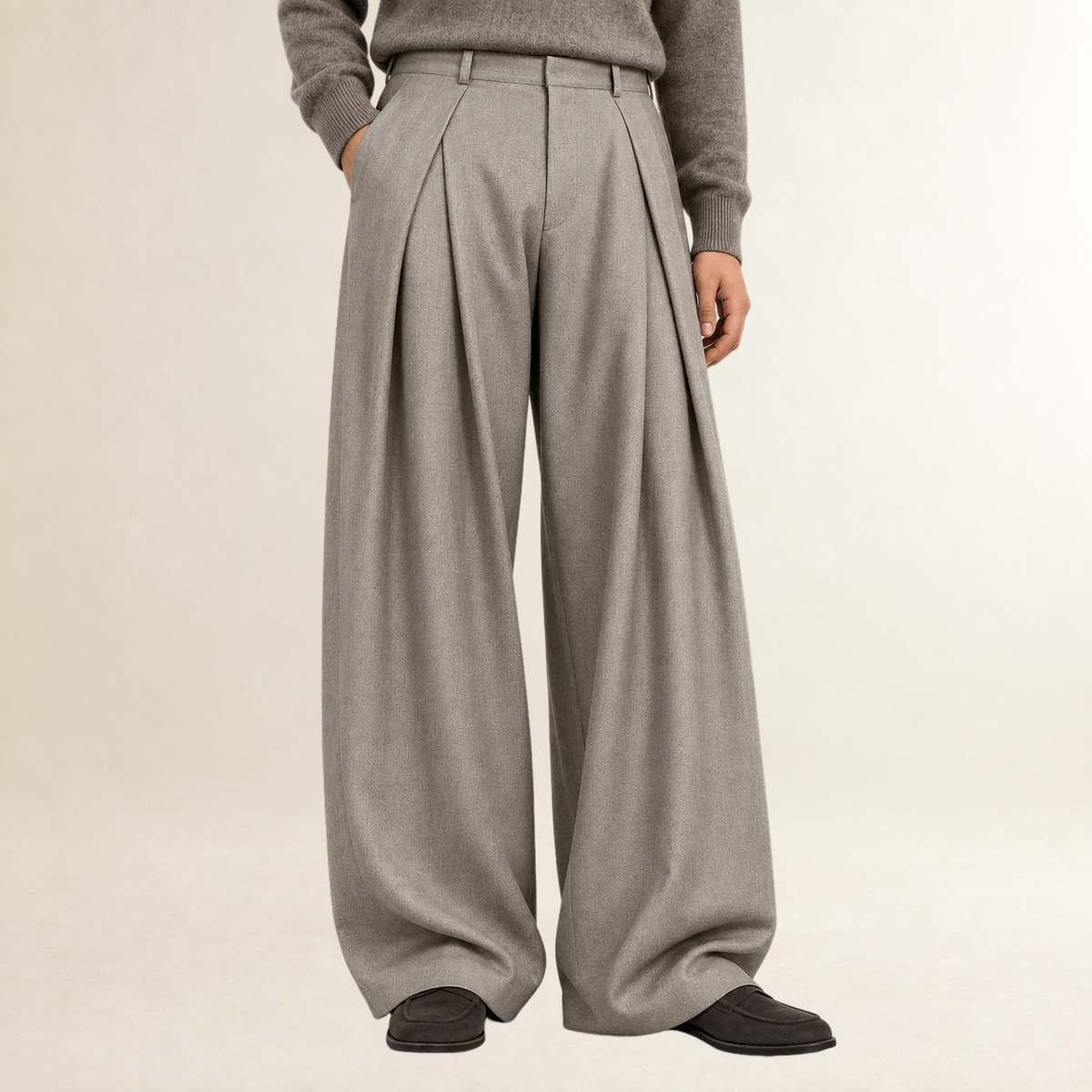 Herren Stoffhose mit hoher Taille und weitem Bein, geknöpfte Frontfalten, lockerer Schnitt