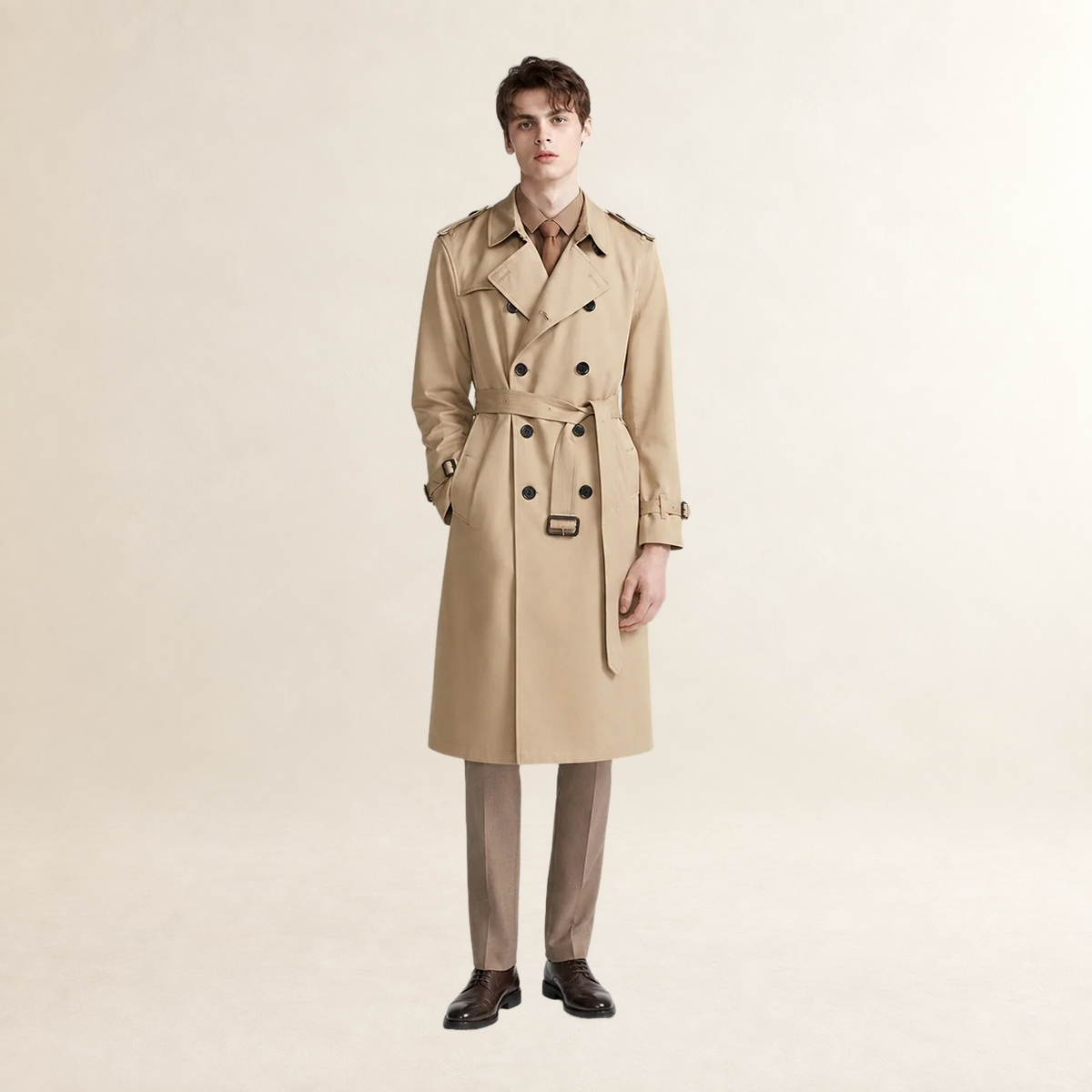 Herren Trenchcoat Doppelknopf mit Reverskragen und Taillengürtel - Langschnitt