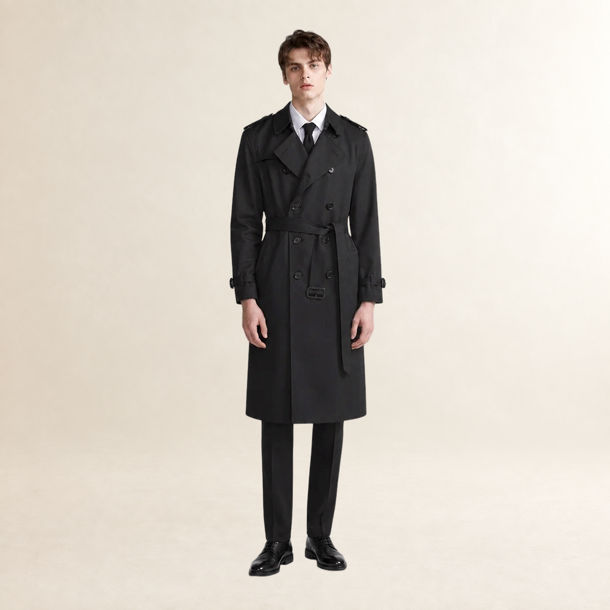 Herren Trenchcoat Doppelknopf mit Reverskragen und Taillengürtel - Langschnitt