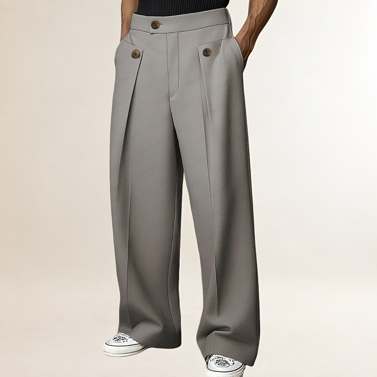 Herren Weite-Hose - Hoher Bund mit Knopfdetail und Falten, Lockere Passform