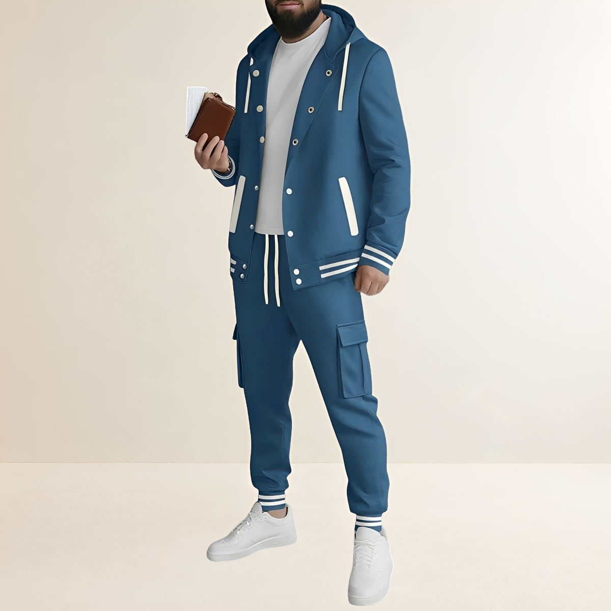 Herrensportset Hooded Jacke mit Knopfverschluss und Cargo-Hosen