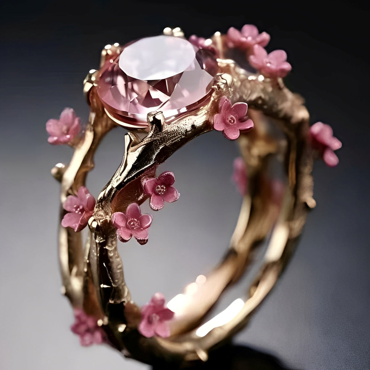Elina – Verzauberte goldene Ring mit rosa Kristall und Blumen