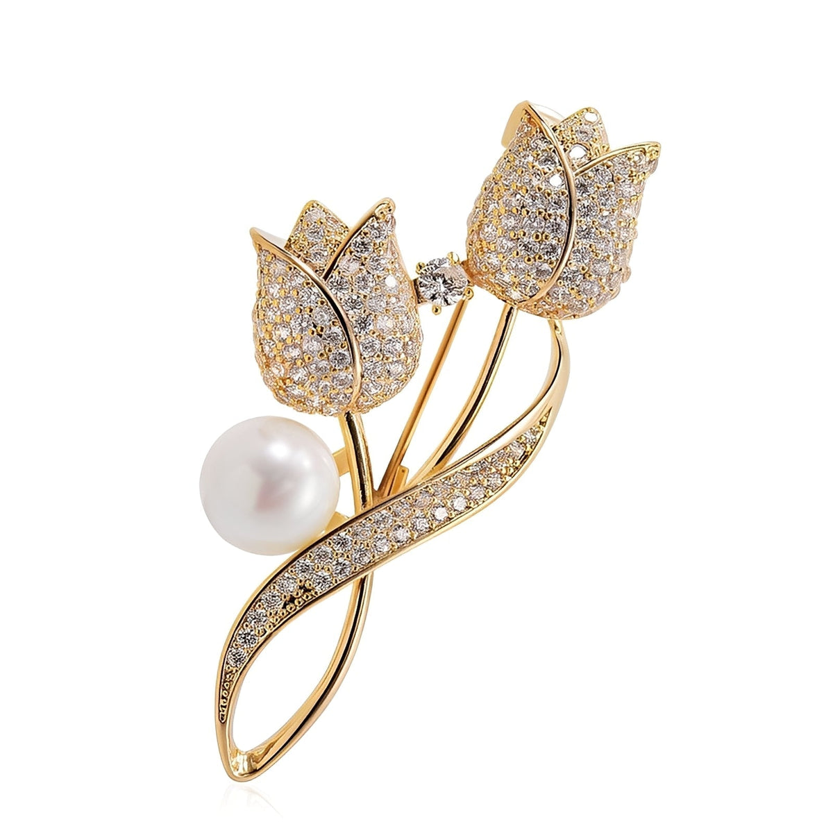 Jackie – Brosche in Form eines goldenen Tulpen mit Zirkonia und Perle, Gold