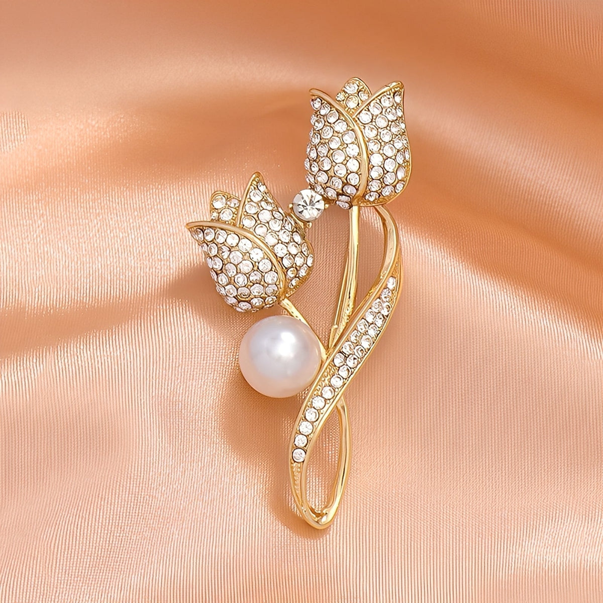 Jackie – Brosche in Form eines goldenen Tulpen mit Zirkonia und Perle, Gold
