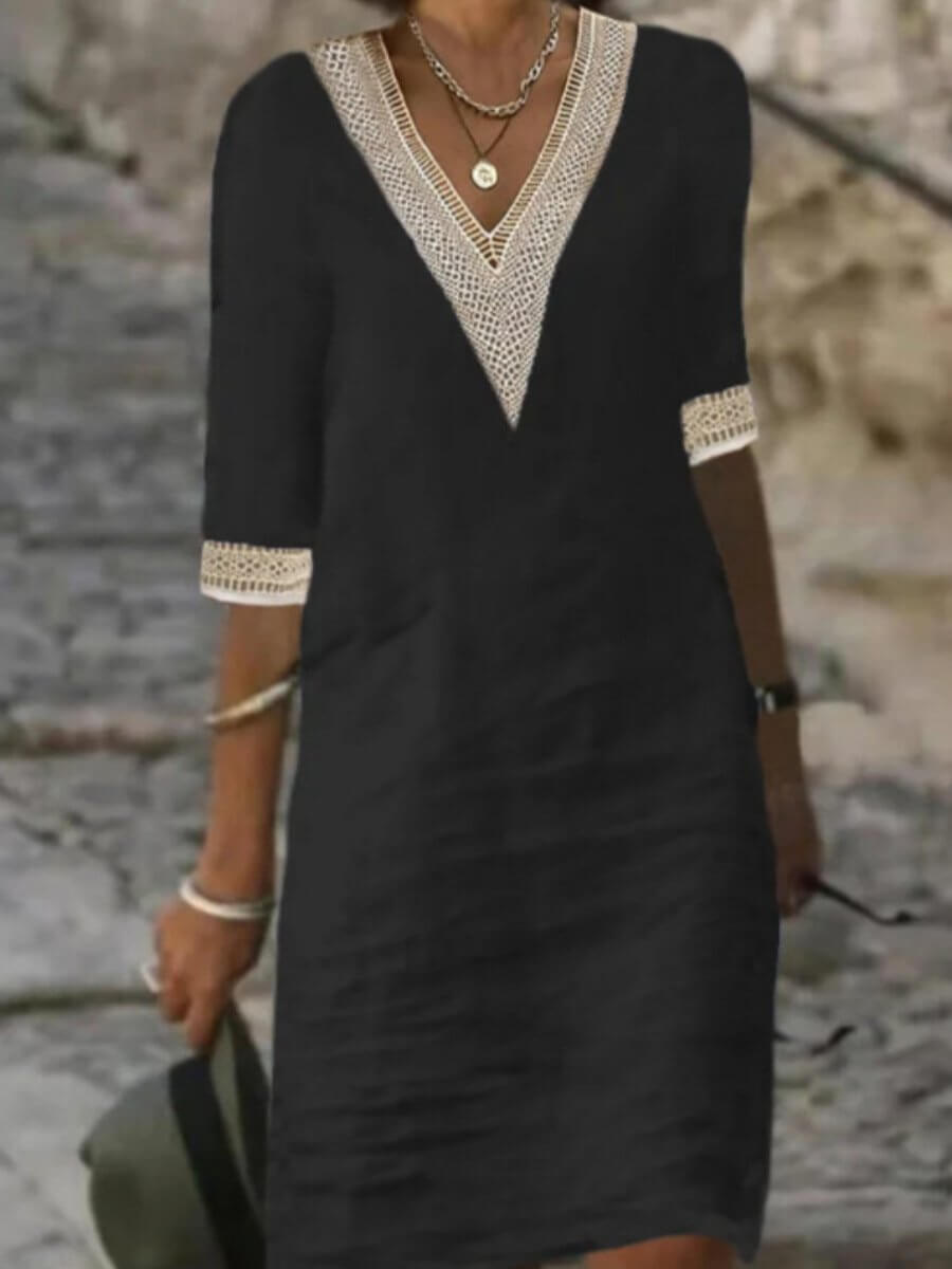Arianne - Stilvolles Baumwoll-Häkelkleid mit V-Ausschnitt