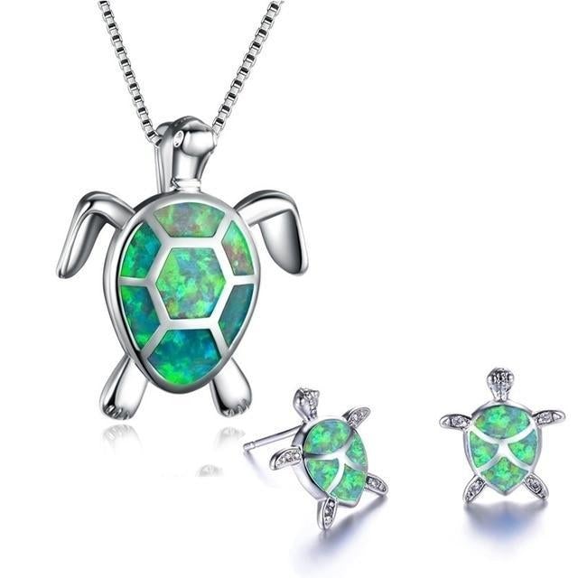Kailea – Set von Schildkröten-Schmuck aus Opal und Silber (Halskette + Ohrringe)