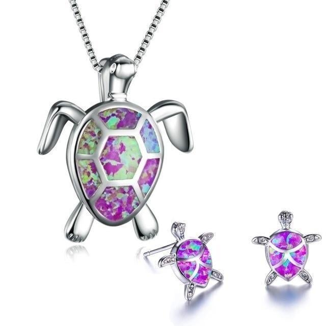 Kailea – Set von Schildkröten-Schmuck aus Opal und Silber (Halskette + Ohrringe)
