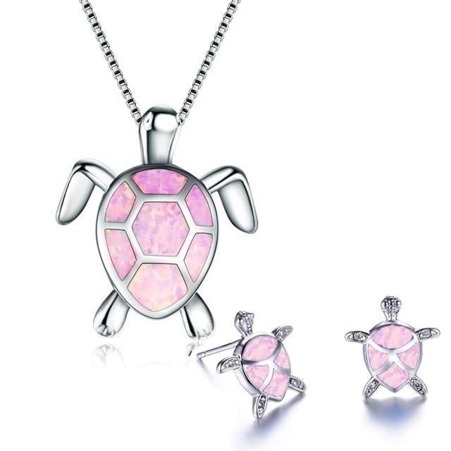 Kailea – Set von Schildkröten-Schmuck aus Opal und Silber (Halskette + Ohrringe)